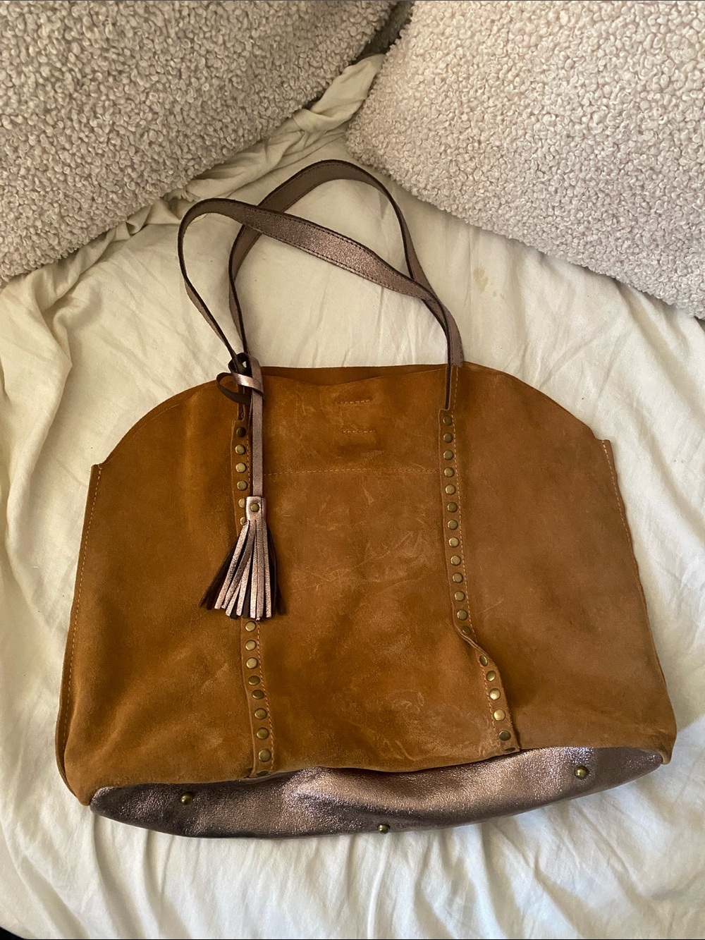 MARLON Suede Tassel Tote in Cognac Brown